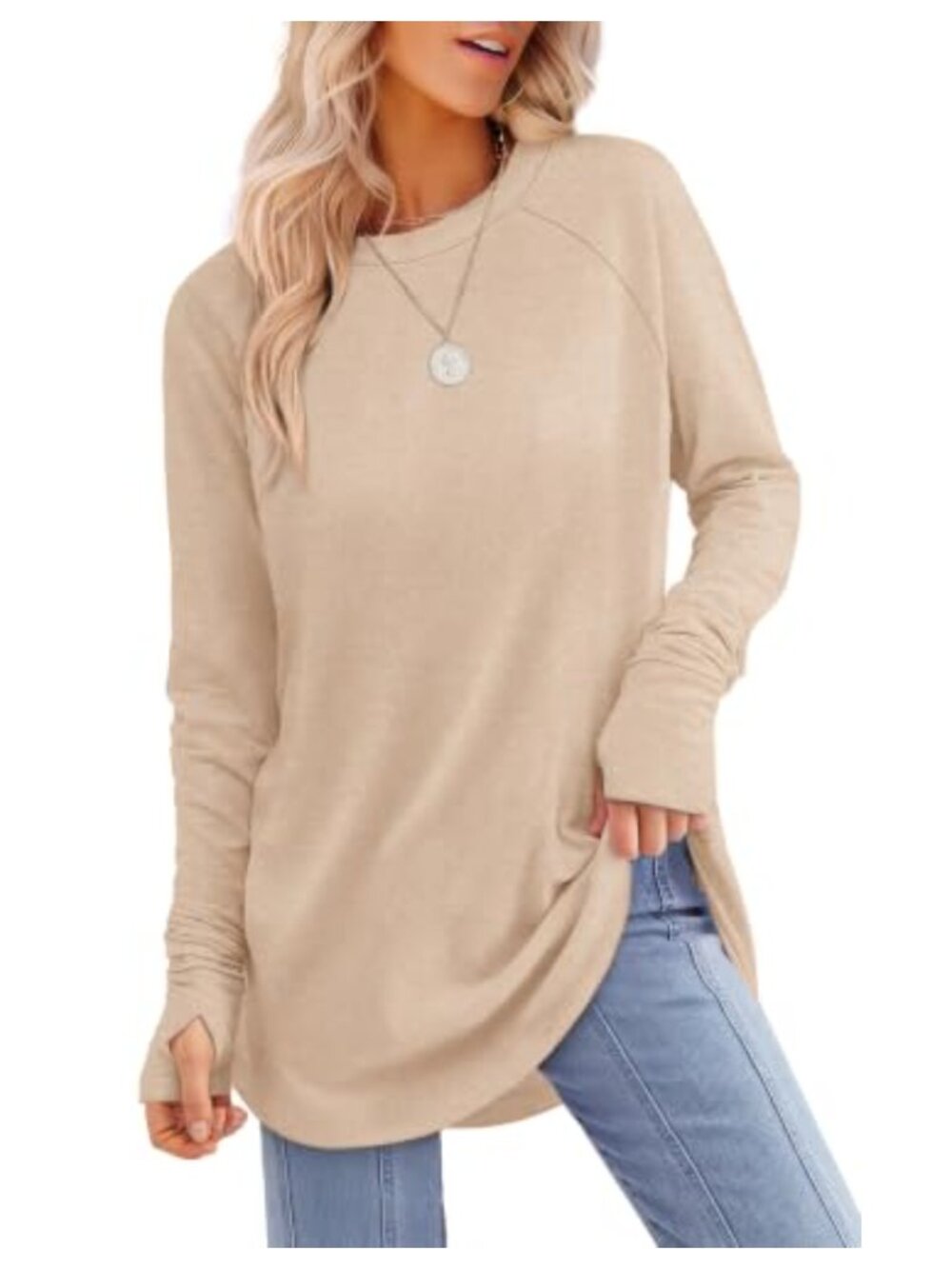 Womens Tunic Top Long Sleeve Thumb Hole Curved Hem Loose Fit Shirt